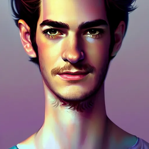 Image similar to colorful Captivating andrew garfield, brown eyes with red eye markers, slim body, wearing a detailed Japanese kimono with golden details, atmospheric lighting, painted, intricate, 4k, highly detailed by Charlie Bowater