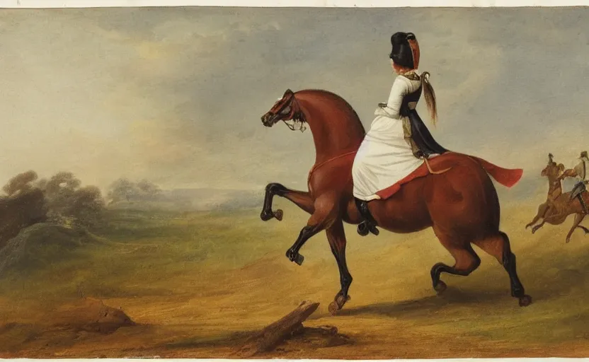 Image similar to woman in napoleonic dress standing on the back of a galloping horse on a battlefield