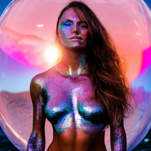 Image similar to portrait photo, a woman covered in intricate silver body paint and a purple florescent bikini inside a giant iridescent bubble floating above beautiful colorful pink sunset clouds