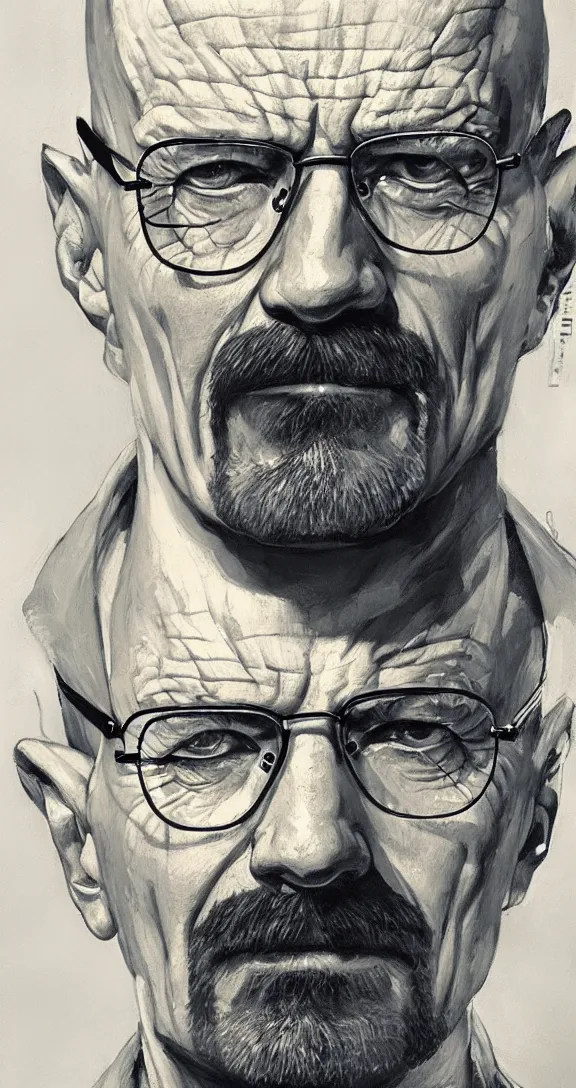 Image similar to a highly detailed beautiful portrait of walter white surrounded by test tubes, by gregory manchess, james gurney, james jean