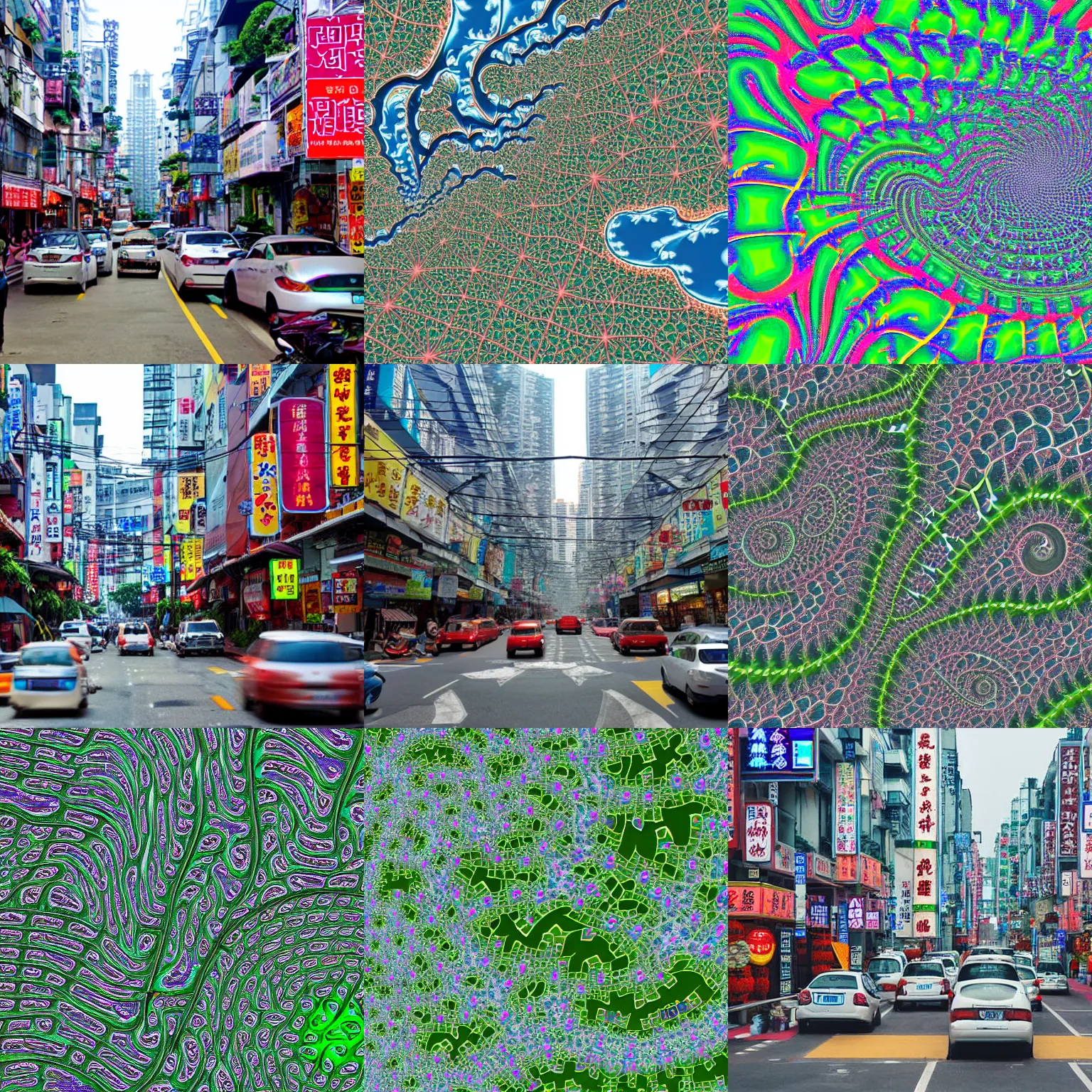 Prompt: Taiwan roads, city shops, fractal heatwave