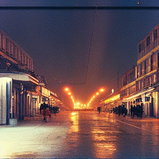 Image similar to 1990s movie still of a Norilsk street with many pedestrians with stalinist style highrise as a loading screen ,orbit space soviet city, Cinestill 800t 18mm, heavy grainy picture, very detailed, high quality, 4k panoramic, HD criterion, dramatic lightning, streetlight at night, rain, mud, foggy, soviet flags