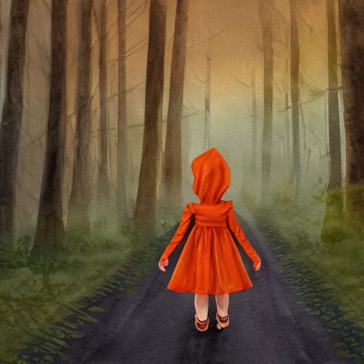 Image similar to Little Orange Riding Hood wear a dress in the valley, dark ambient beautiful. neoplasticism, 8k resolution. road into the forest with a lake, watercolor, detailed painting, trending on Artstation