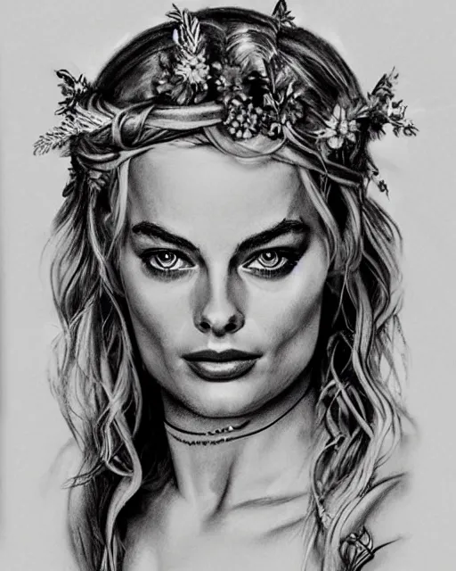 Image similar to realism tattoo sketch of margot robbie as a beautiful greek goddess aphrodite with piercing eyes wearing a laurel wreath and triangle earrings, in the style of greg rutkowski, amazing detail