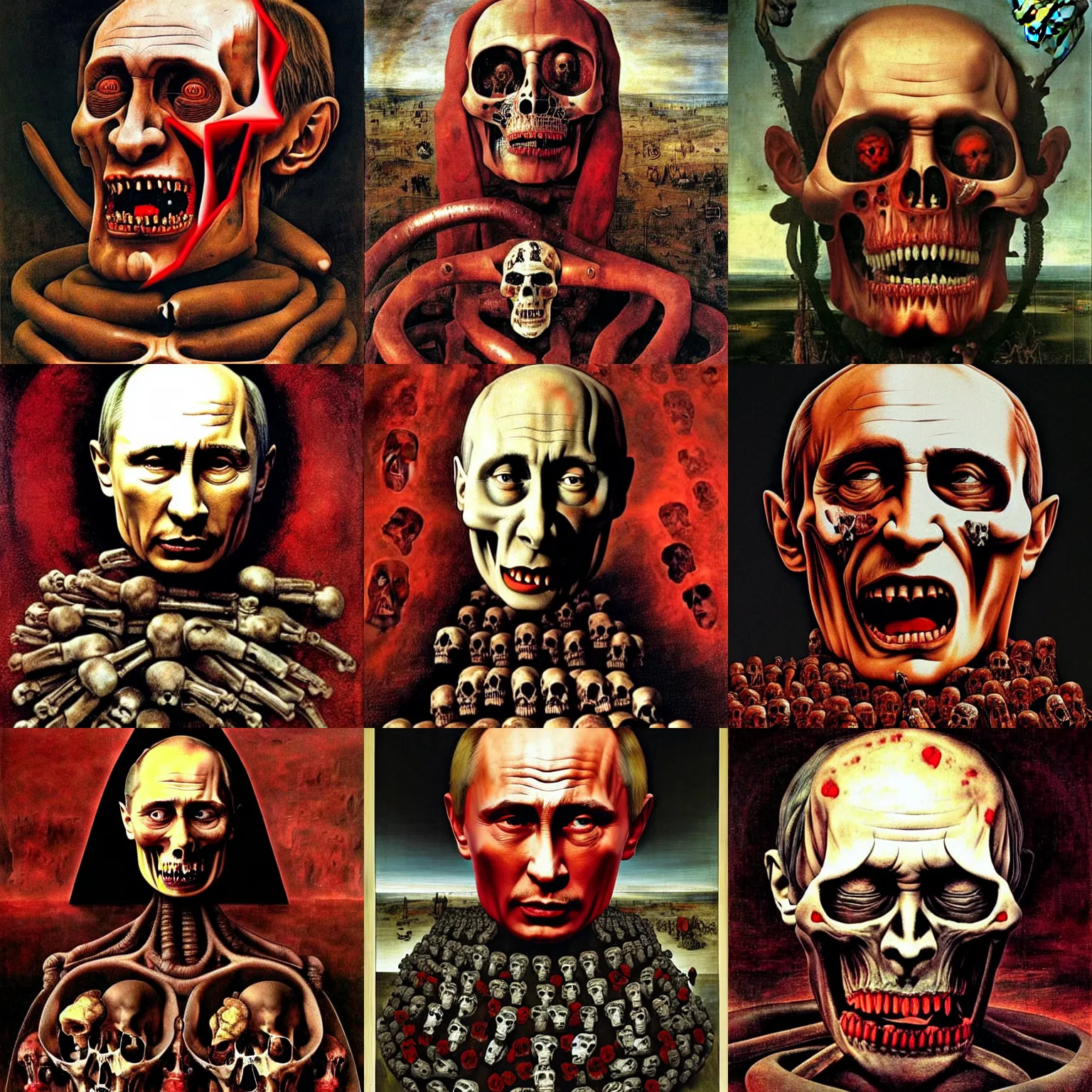 Prompt: huge monument of angry vladimir putin made from skulls, blood, horror and terror. dark reddish color palette detailed digital painting by giuseppe arcimboldo, salvador dali, hieronymus bosch, ( h. giger ), hans bellmer
