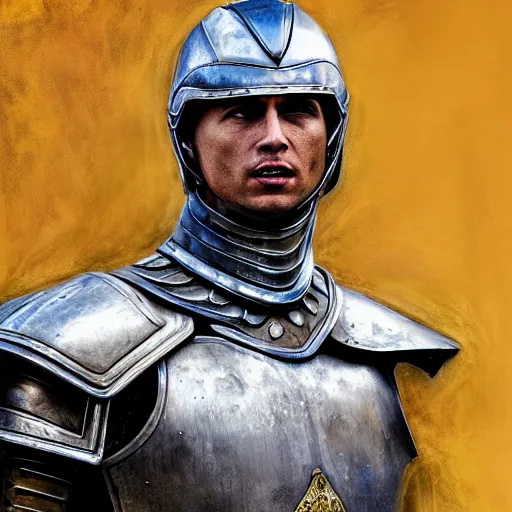 Image similar to portrait of cristano ronaldo wearing heavy shiny armor with no helmet, gladiator style, clouded, detailed, intricate, realistic, hdr, 8 k