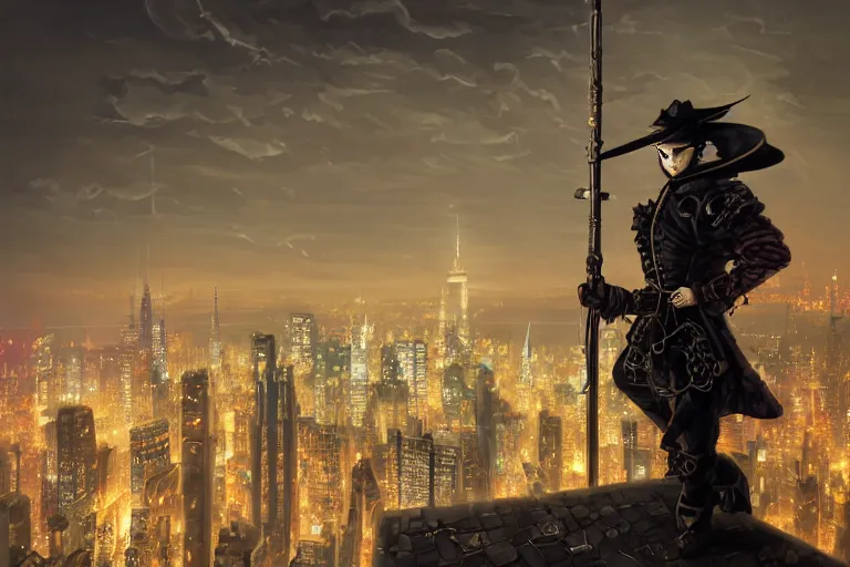 Prompt: stunningly ominous, steampunk ninja assassin on a perch facing the city at night, smooth, focus, highly detailed, hyper realistic, dramatic lighting, intricate, concept art, new york skyline, looking down, art by wlop, mars ravelo, greg rutowski, artstation