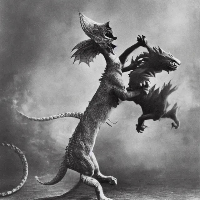 Prompt: silver gelatin photograph of a cat attacking a dragon, london 1 9 1 2