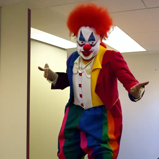 Prompt: a clown stood in the corner of the office from severance