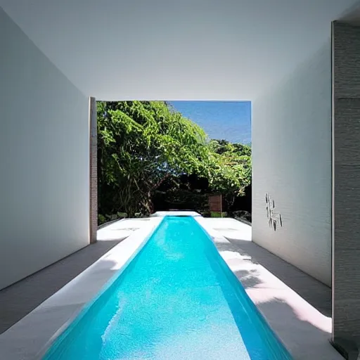 Prompt: “Dream Pool in rooms of white ceramic tile, sunlight coming in from windows with a blue sky”