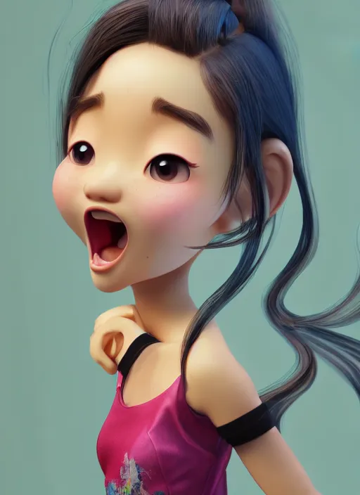 Image similar to a cute asian girl singing, flowing hair in the style of pixar animation, mid-shot, award winning, hyper detailed, studio lighting, artstation, octane renderer, unreal engine