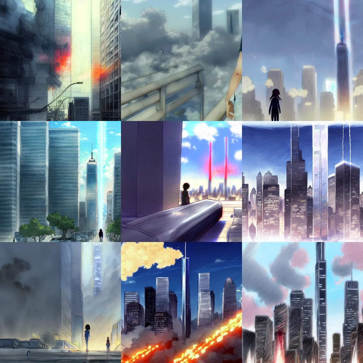 Prompt: 9/11 drawn by Makoto Shinkai