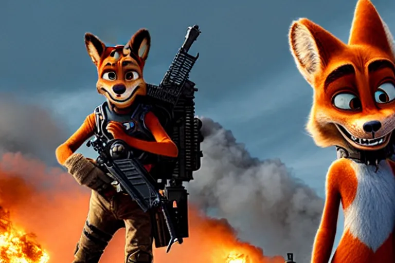 Image similar to nick wilde, heavily armed and armored facing down armageddon in a dark and gritty reboot from the makers of mad max : fury road :