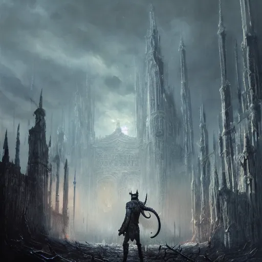 Prompt: a ultra detailed matte landscape paining of the hunter from bloodborne fighting in elden ring, ultrawide lens, aerial photography, d & d, fantasy, intricate, elegant, highly detailed, digital painting, artstation, concept art, matte, sharp focus, illustration, art by greg rutkowski and rembrandt