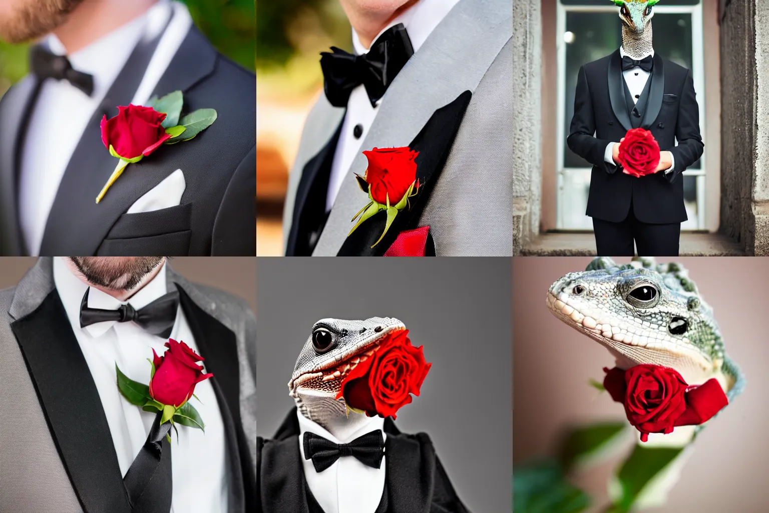 Prompt: a handsome anthropomorphic lizard in a tuxedo with a red rose in his lapel, looking into the camera with a smoldering gaze Sigma 85 mm f/1.4