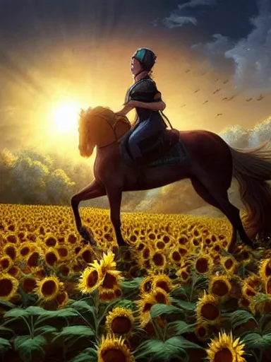 Prompt: a small chield querub, riding a horse in a sunflower field, a giant sun in the background. intricate, elegant, highly detailed, digital painting, artstation, concept art, sharp focus, illustration, by justin gerard and artgerm, 8 k