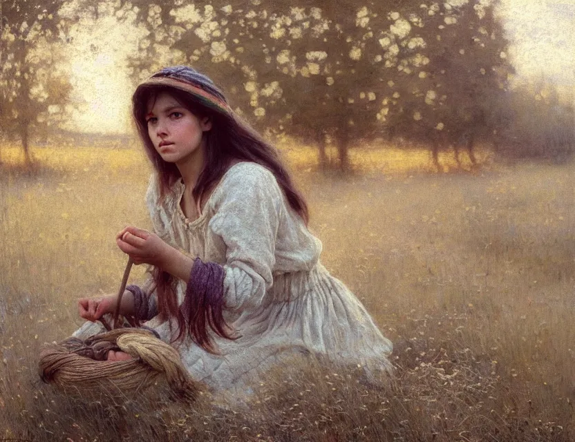 Image similar to peasant girl with long hair yarn knitting, cottage core, cinematic focus, polaroid photo bleached vintage pastel colors high - key lighting, soft lights, foggy, by steve hanks, by lisa yuskavage, by serov valentin, by tarkovsky, 8 k render, detailed, oil on canvas