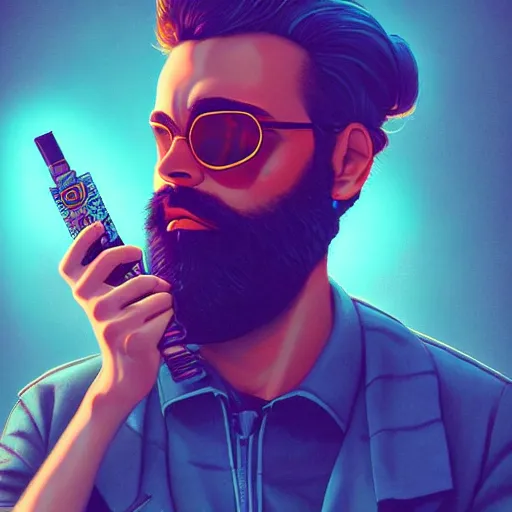 Prompt: Lofi vaporwave cyberpunk bearded man, Pixar style, Tristan Eaton, Stanley Artgerm, Tom Bagshaw