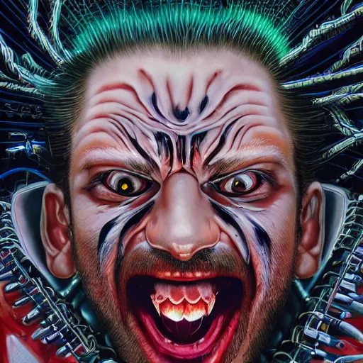 Prompt: portrait closeup of crazy screaming cyber post malone with red robotic eyes, symmetrical, by yoichi hatakenaka, masamune shirow, josan gonzales and dan mumford, ayami kojima, takato yamamoto, barclay shaw, karol bak, yukito kishiro