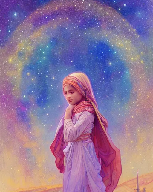 Prompt: bedouin child praying in galaxy walking towards mosque surrounded by nebula, highly detailed, gold filigree, romantic storybook fantasy, soft cinematic lighting, award, disney concept art watercolor illustration by mandy jurgens and alphonse mucha and alena aenami, pastel color palette, featured on artstation