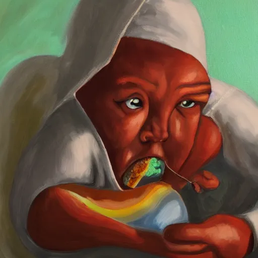 Image similar to stock photo of Saturn eating his child, oil on canvas, trending on artstation, deviantart