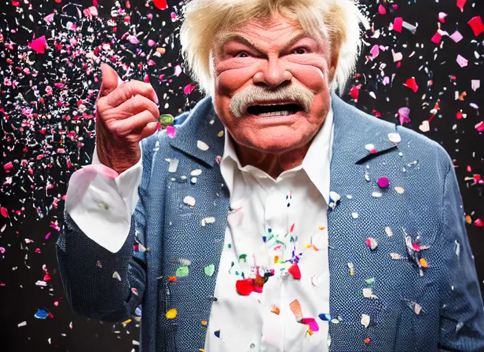 Image similar to photo still of rip taylor at a burial!!!!!!!! at age 5 4 years old 5 4 years of age!!!!!!! throwing confetti from a bucket, 8 k, 8 5 mm f 1. 8, studio lighting, rim light, right side key light