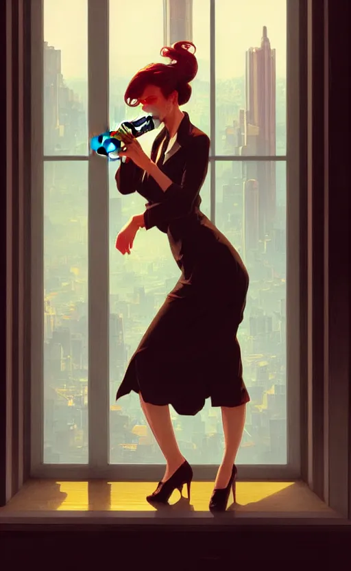 Image similar to Business woman smoking a cigar while she watches the city through a window, sci-fi, highly detailed, digital painting, artstation, concept art, smooth, sharp focus, illustration, art by artgerm and greg rutkowski and alphonse mucha