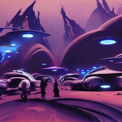 Image similar to group of nomads travelling on an alien world, cinematic lighting, science - fiction, detailed, matte painting, syd mead, john harris,