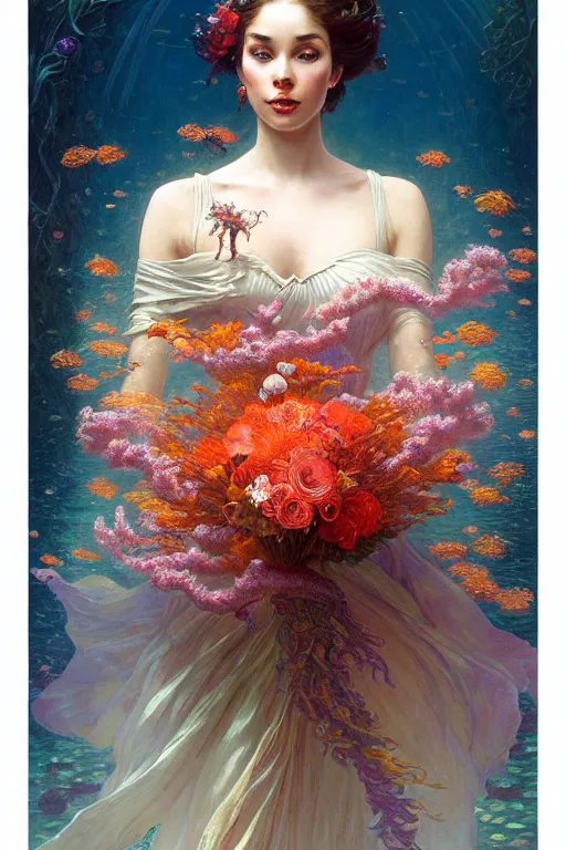 Image similar to portrait of a beautiful mysterious woman holding a bouquet of flowing flowers, hands hidden under the bouquet, underwater filled with coral reef, fantasy, regal, intricate, by stanley artgerm lau, greg rutkowski, thomas kindkade, alphonse mucha, loish, norman rockwell