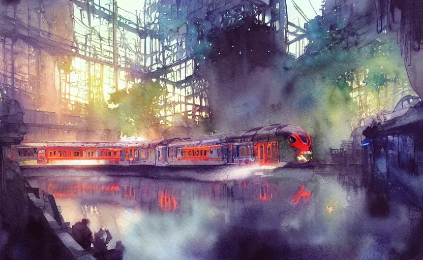 Image similar to an urban train rides inside of a waterway on a fantasy city. intricate, amazing composition, colorful watercolor, by ruan jia, by maxfield parrish, by marc simonetti, by hikari shimoda, by robert hubert, by zhang kechun, illustration, gloomy