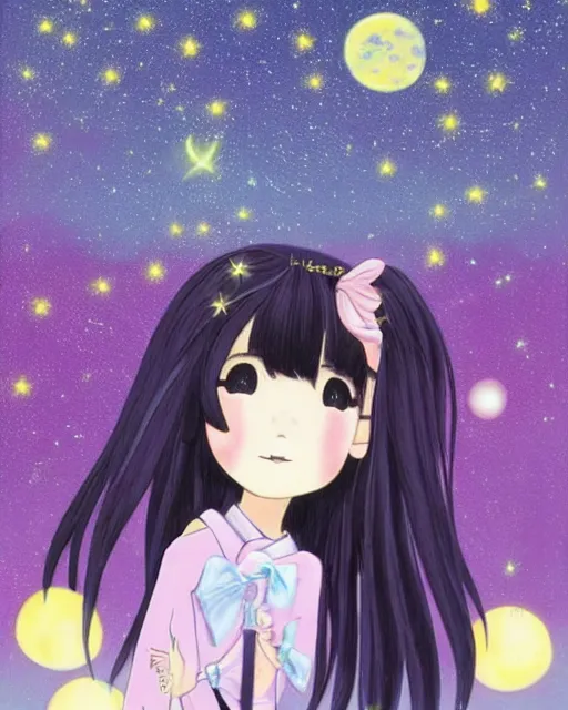 Image similar to a cute pastel night, Yukiko Sato is asleep, moon, starry, fireflies, her gorgeous luxurious black hair is lifted up as if underwater, blending into the night sky Milky Way, zero gravity hair, rule of thirds