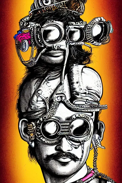 Image similar to face portrait of an indian man with long neon moustache rajasthani pagdi wearing madmax style steampunk goggles and steampunk jewelry, art by butcher billy, sticker, colorful, illustration, highly detailed, simple, smooth and clean vector curves, no jagged lines, vector art, smooth