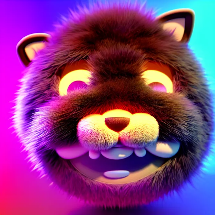 Image similar to high quality 3 d render hyperrealistic very cute big spherical smile emoticon, whiskers, plush mascot, short spiky colorful dense fluffy smooth fur 1 cm long, psychedelic lighting, 1 5 0 mm, smooth background, artstation, elegant, ultra detailed, octane render