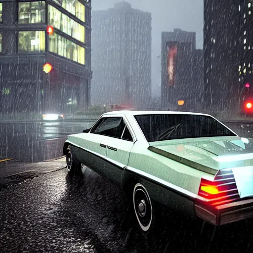 Prompt: hyperdetailed, photorealistic photograph of the ecto 1 driving in the streets, rain, night, dense fog, hd, unreal engine 5