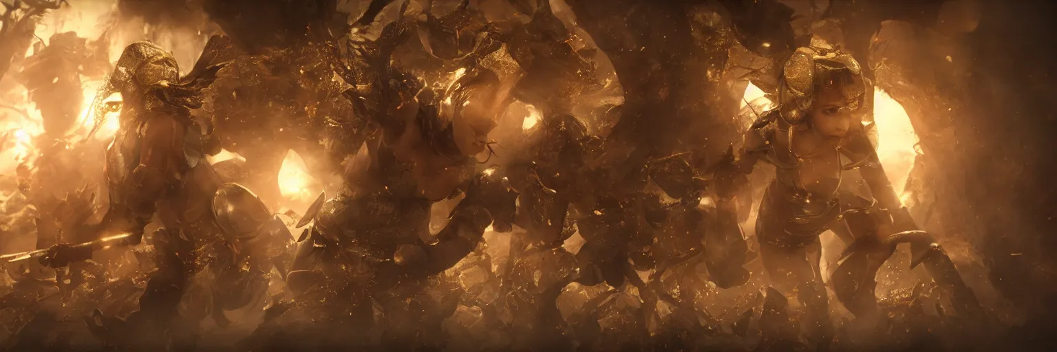 Image similar to a single young girl wearing a gold armor standing in a battlefirld, surrounded by dead bodies, extremely realistic and highly detailed 8 k, sharp focus, octane render, dramatic volumetric lighting and extremely realistic faces