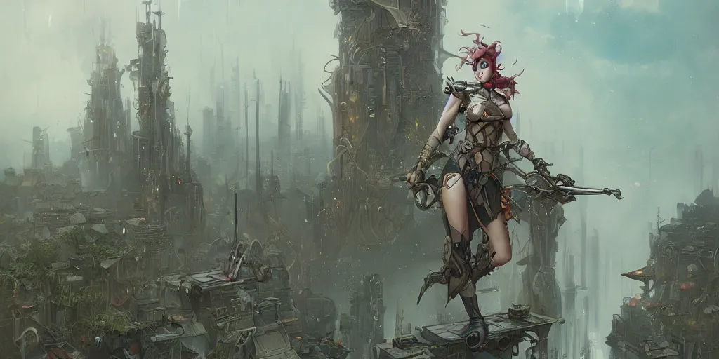 Image similar to a detailed illustration of a warrior woman against the background of an overgrown city and a cloudy sky, artstation, by Peter Mohrbacher, Art Nouveau, sophisticated, Unreal engine, dystopia, anti-utopia, post processing, nostalgic melancholic artwork, intricate