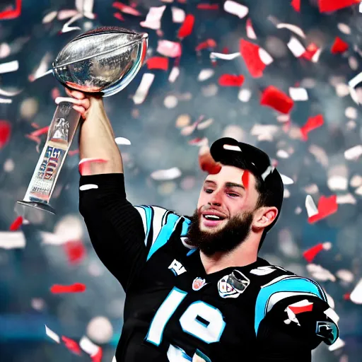 Image similar to carolina panthers baker mayfield lifts up the lombardi trophy, confetti, 8 k award winning sports photography,