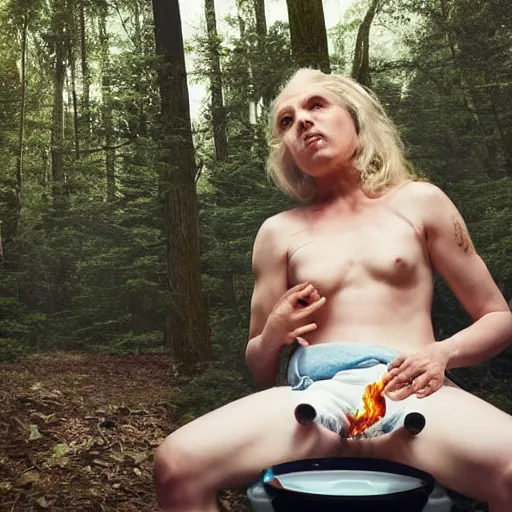 Image similar to candid photo of in the woods, sitting on the porcelain throne, playing with fire by Annie Leibowitz, photorealisitc, extremely detailed