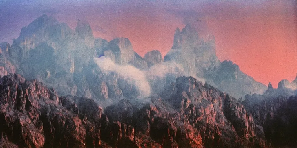Prompt: 1 9 2 0 s color spirit photography 9 1 1 1 2 1 of alpine red sunrise in the dolomites, smoke from mountains, lush, by william hope, beautiful, dreamy, grainy