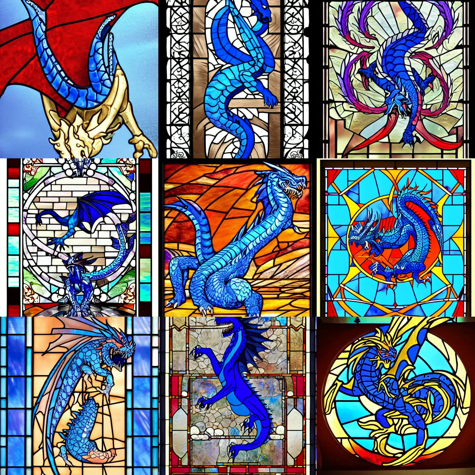 Prompt: western-style, blue dragon doing a handstand, featured on artstation, stained glass, very very very very very very very very beautiful