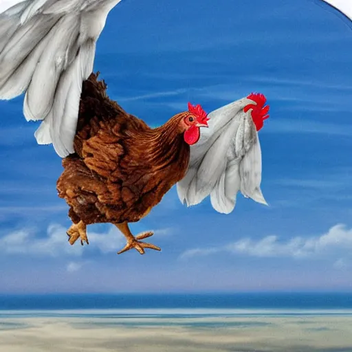 Image similar to chicken looking human on an airplane flight over the sea, realistic scene, very detailed