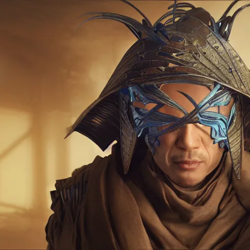 Image similar to highly detailed hybrid of raiden from mortal kombat, and raiden from metal gear solid wearing an asian conical hat. vfx portrait, stephen bliss, unreal engine, greg rutkowski, alphonse mucha, beeple global illumination, translucent, sub - surface scattering, detailed and intricate environment