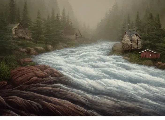 Image similar to matte sharp painting, close - up of a river running past a cozy cabin in the mountains, heavy rain, juxtapoz, artforum, gary baseman, preston blair, tex avery, dan mumford, pedro correa