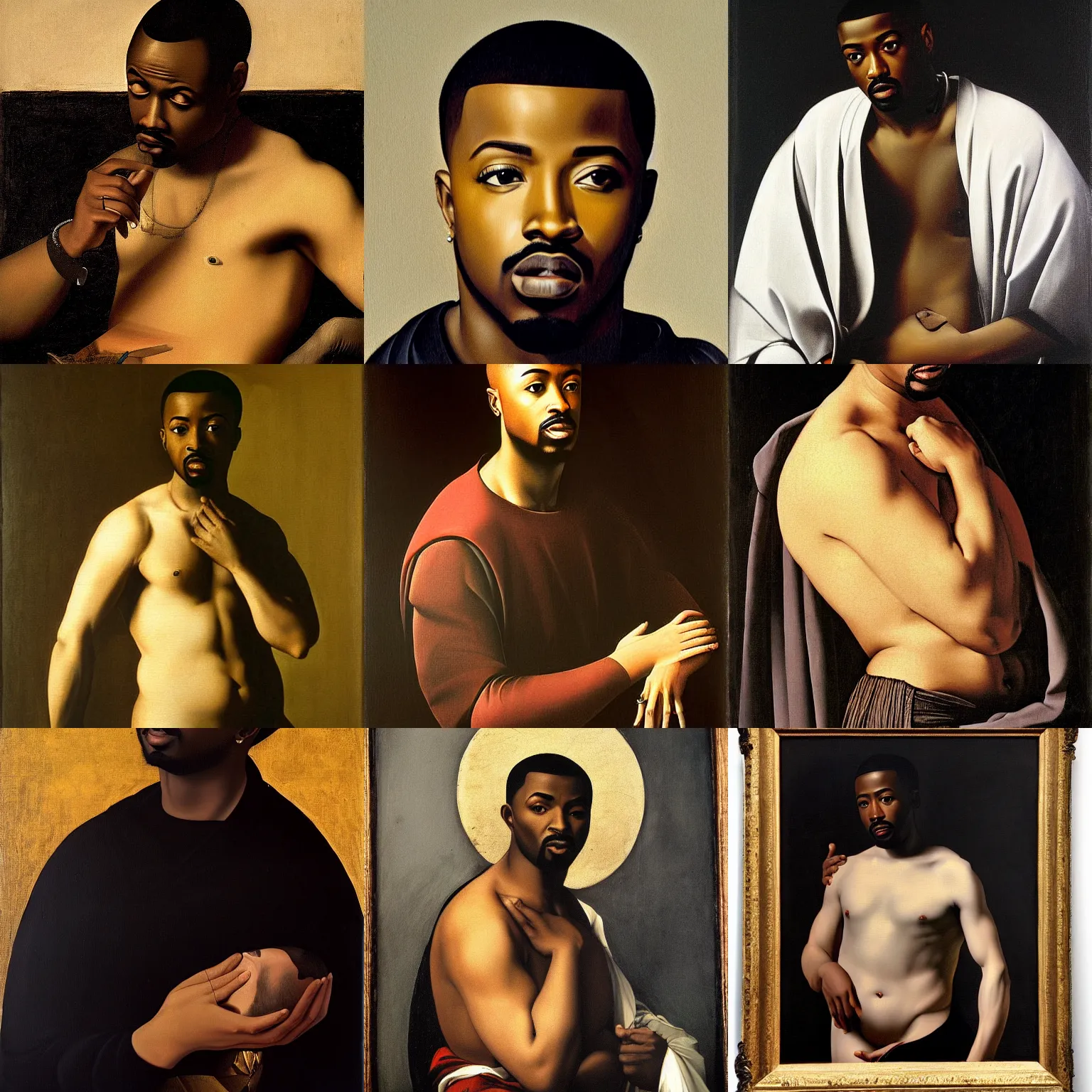 Prompt: a tenebrism painting of ray j by caravaggio