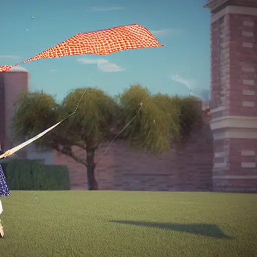 Prompt: mary poppins holding a two - line mattress kite being blown to the sky by the strong wind. 3 d octane render