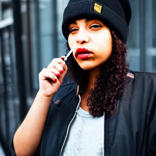 Image similar to portrait of a mixed woman smoking a cigarette, black beanie, black bomber jacket, urban environment, depth of field