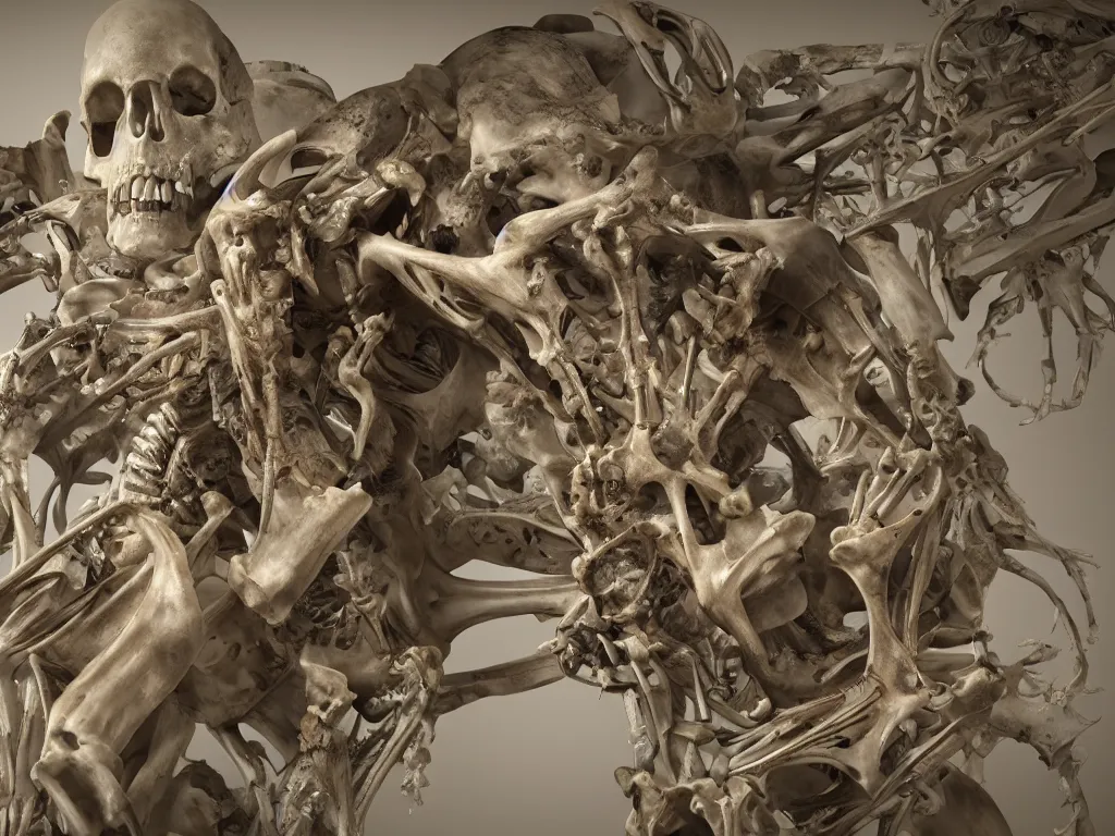 Image similar to cinematic scene of a detailed and intricate design of the back of full female anatomy wrapped in bones, maximalist, real, studio shot, dynamic lighting, great finesse organic hyper detailed, engineering blueprints, technical drawings, calculus, stained paper, hyperrealistic, ultra detailed, 4K, octane render, unreal engine