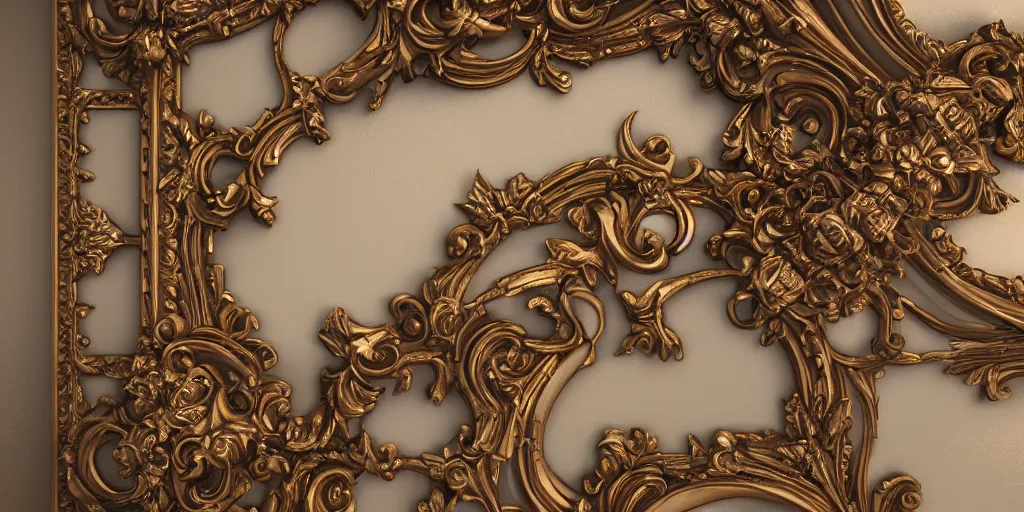 Image similar to hyper detailed baroque picture frame on a wall, 3 d octane render, ultra photorealistic