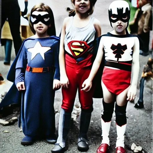 Prompt: a group of kids wearing superhero-outfits, photography 1980 kodak cam