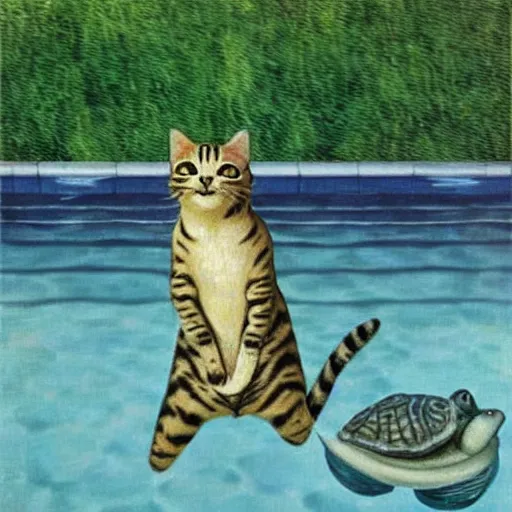 Prompt: painting of a cat playing with a turtle in a swimming pool, impressionism, art by Magritte